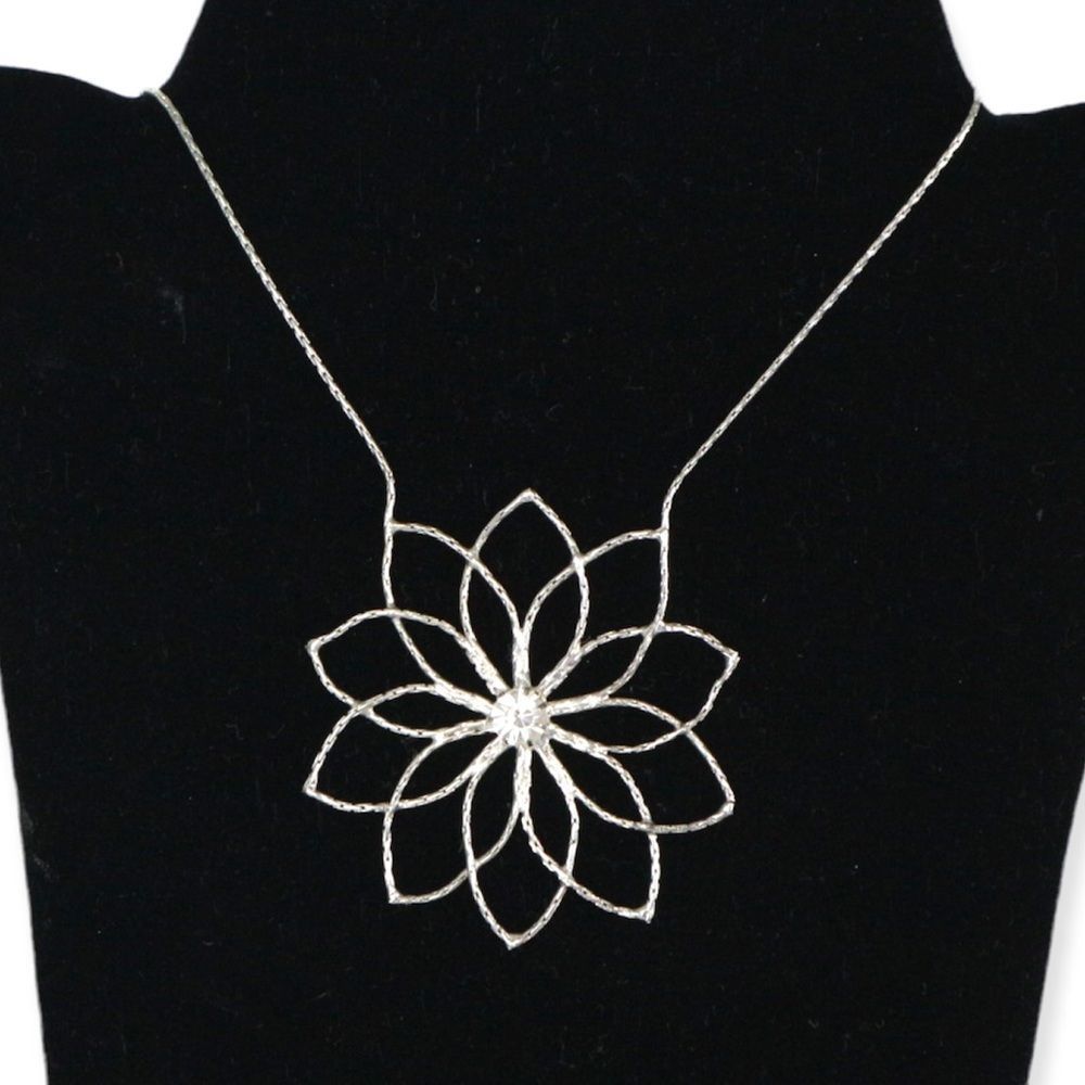 Silver Sparkling Cable-Chain Rhinestone Flower Statement Necklace 11"